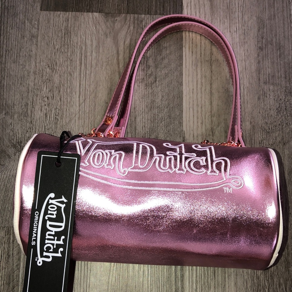 Von Dutch Pink Metallic Barrel Shoulder Bag White Embroidered Logo NWT